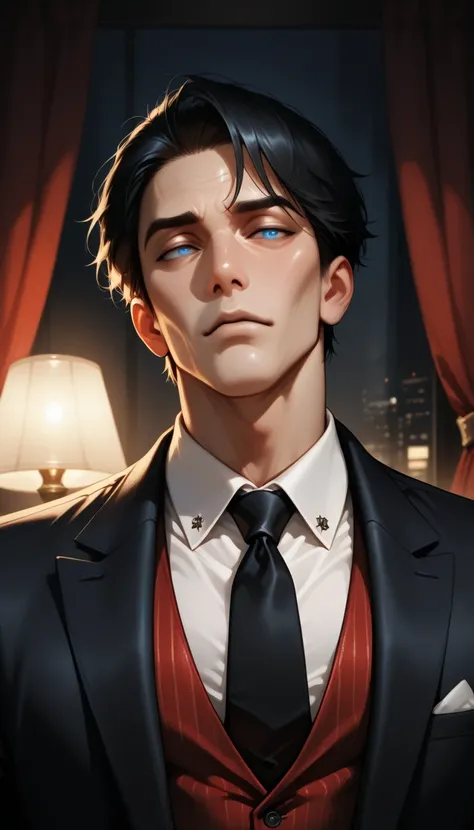 1boy , 20 year old, manly, (upper body, portrait, photoshoot):1.1, perfect face, detailed eyes, blue eyes, black hair, fair skin, (sexy gangster) young man, bishounen, wearing a red pinstripe vest, white shirt, black tie, black gloves, set in the year 1920...