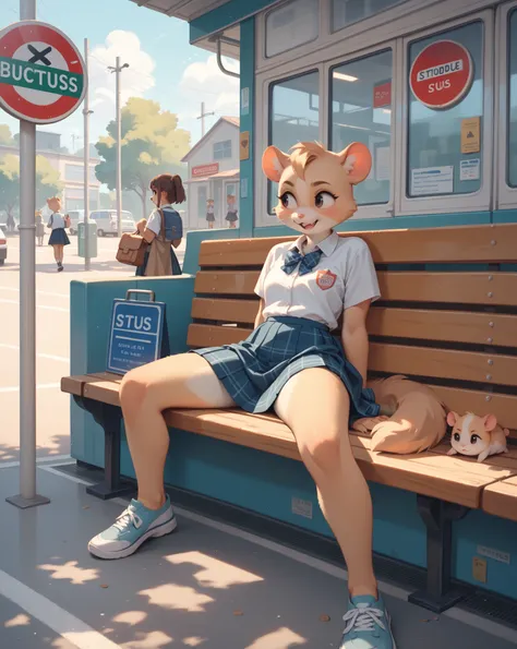 Rural bus stop, two furry hamster schoolgirls , skirt , sitting on a bench , Unprotected , spread legs , bare panty , looking away