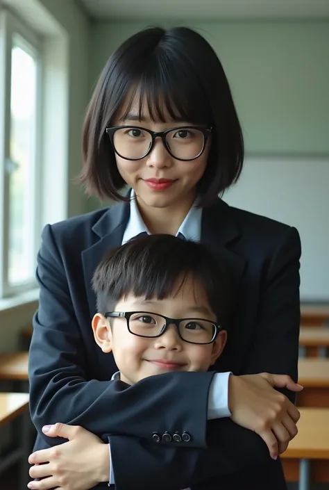 A 24-year-old Japanese woman is a teacher, wearing serious glasses, wearing a suit at work, in the teacher's room, hugging a male student in the teacher's room. The head of a male student is tucked into her chest, taking Amy Fukada's face into proportion. ...