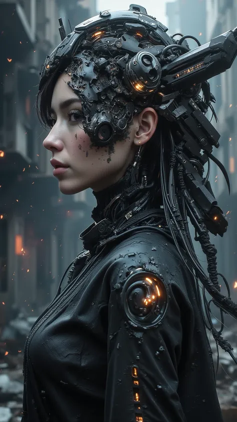  A mesmerizing portrait depicts a subtle fusion of decaying biochemical abilities and organic remains in a woman's image，Her damaged neural interface weakly exposed sparks in the ruins of a post-apocalyptic world 。