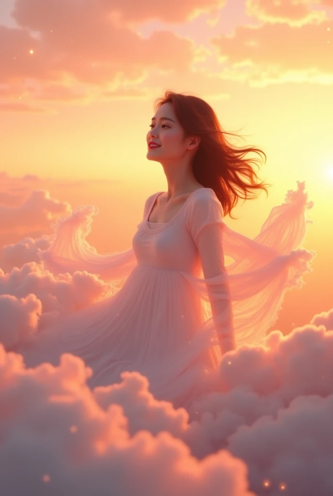  masterpiece,   Best Quality ,  Movie Stills , 1 Girl, Cloud Girl,   Floating in the Sky ,  close up, Bright,  happy , warm and soft lighting, Sunset, (spark:0.7)