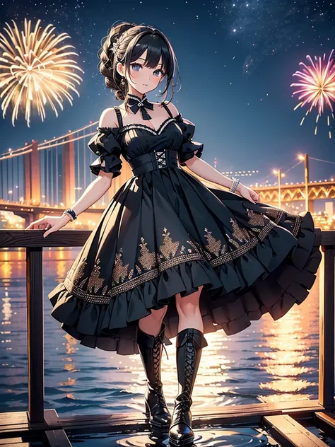 girl, sexy break, black and white frill dress, micro mini pleated skirt, braided boots, traditional craft, natural materials, fiber technology, captivating pattern, dance, elegance, sensual dance, night sky, stars, colorful fireworks, fireworks reflecting ...