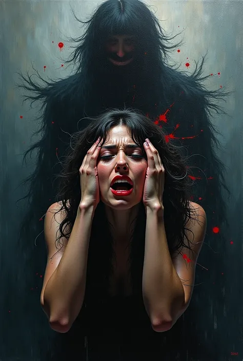 



Title: "Echoes of Despair"

In the center of the canvas, a woman is depicted in a moment of sheer agony. Her hair, a cascade of dark waves, frames her face, which is contorted in a silent scream. Her eyes are wide, reflecting a deep sense of terror and...