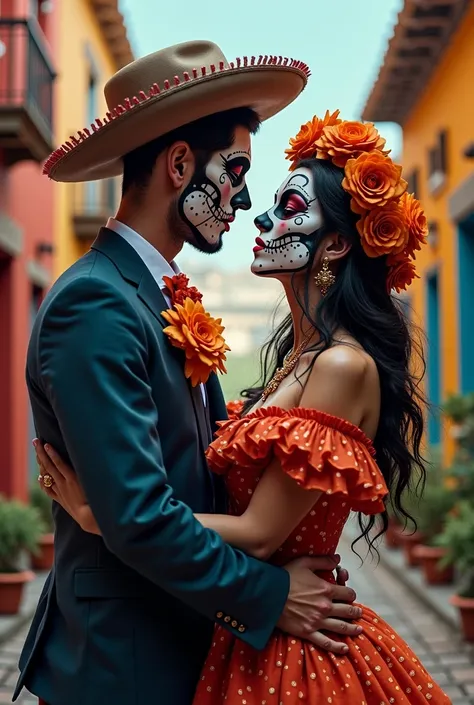 Couple of men and women disguised as catrines looking forward in love that the man embracing the woman against the black background