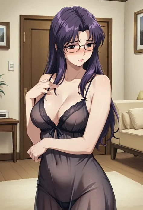  1 girl, Alone,  purple hair,   hair down ,  bun hair, Glasses, lips,  eyes, clavicle, chest, cleavage, Five fingers, black see-through chemise,  black T-back,  indoor, living room ,  is standing, SHY,  Masterpiece,  top quality,   great quality, 