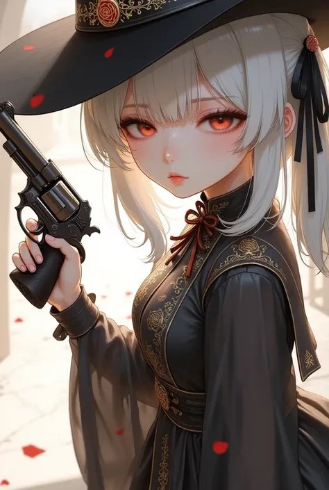  super high resolution，Original Artwork， two-dimensional， girl，whole body， delicate skin，pale，Silver Hair，Red pupil，predominantly black white gothic lined dress，Holding in right hand，Large revolver engraved with a golden rose，Get rid of headdresses, Witch ...