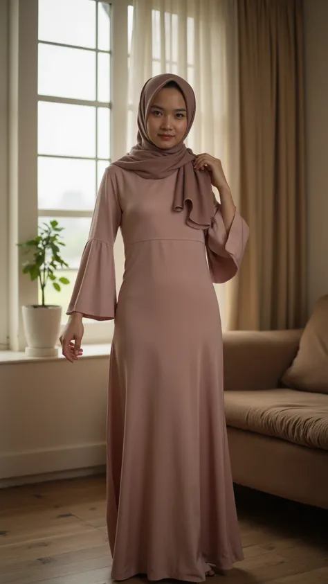 Realistic shot. 1 female, malay female, in a thin long dress wearing a hijab, hijabi, perfect body. Perfect hourglass body. Very young face. Slim girl with a soft face. In her living room. She is a shy girl, long sleeves, flared wrist. Shyness. Malay girl....