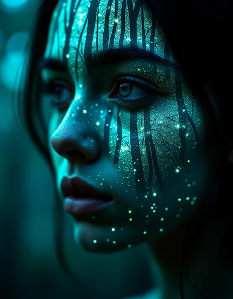 An extreme close-up of a person's face, illuminated by an eerie, bioluminescent glow in shades of deep blue and green. On the skin of the face, the reflect a dark, mysterious forest, where towering, ancient trees fade into swirling mist. Tiny, glowing spor...