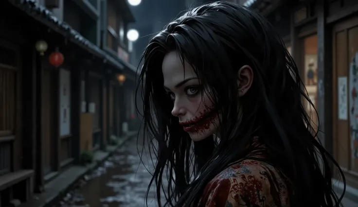 a ghost woman, Japanese woman with an evil look with long black hair, his skin was pale , (He had a cut that went through his mouth that ran horizontally from one cheek to the other ) in a dark alley in a town in Japan in the 1970s, He was wearing an old, ...