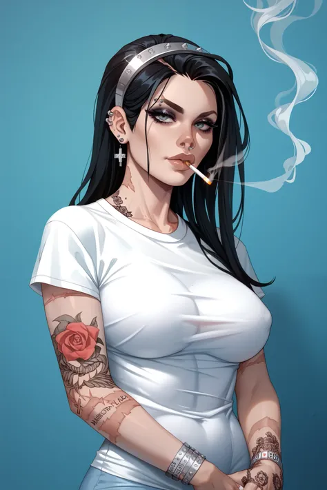 1female, long black hair, piercings, large breasts, metal band t-shirt, cigarette in hand, masterpiece, best quality, self-harm scars on arms, hospital background.