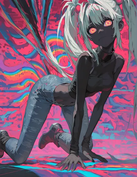 (masterpiece, best quality:1.2), 1 girl, unique, turtleneck woolen sleeveless top, navel, tight jeans, take a step forward, long twintails, glistening swirly golden eyes, f3nn3r, colourful, pink, blue, black, red, trippy, psychotic, psychedelic, losing my ...