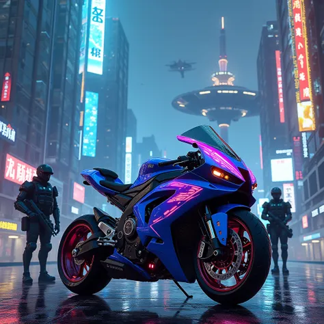  A futuristic motorcycle inspired by the manga Akira ,  with neon blue colors , purple and pink ,  The scene takes place in a cyberpunk megacity in the year 2500 {x} is parked at the foot of a huge ultra-modern glass building.  We see some futuristic ships...