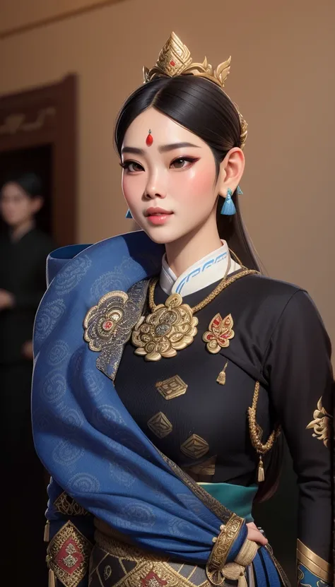 a close up of a woman wearing a black and blue outfit, wearing an elegant tribal outfit, sukhothai costume, ruan jia beautiful!, traditional beauty, in style of lam manh, nivanh chanthara, traditional dress, traditional clothes, inspired by Lan Ying, tradi...