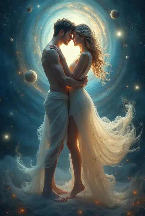 Make love cuple spiritual kissing each other with the planets and the energy 