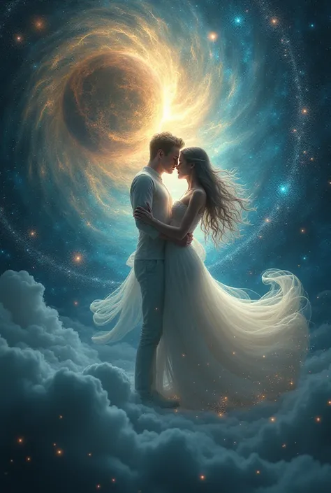 Make love cuple spiritual kissing each other with the planets and the energy 