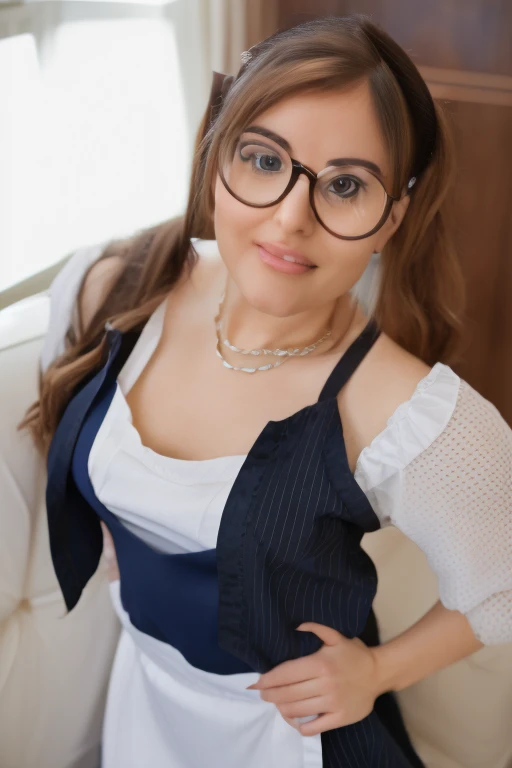 
arafed woman in a maid outfit and glasses posing for a picture, gorgeous maid, with glasses, nerdy, belle delphine, a sexy maid , anna nikonova aka newmilky, glasses, maid, nerdy appearance, with glasses on, a hyperrealistic schoolgirl, hyperrealistic sch...