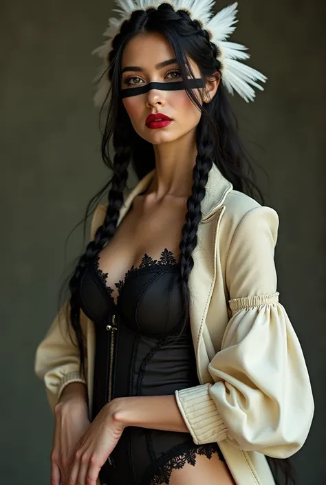 a young woman model wearing a cream colored Christian Dior "Bar" jacket, in a Victorian style with a corset shape (extra padding volume on the hips), and big puffy sleeves, revealing a black sexy lace bra underneath, and a black pleated wool skirt, with a ...