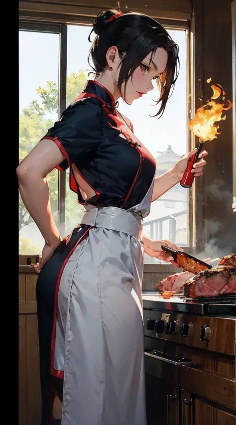 shiranui flare, Chinese nurse uniform,,A fusion costume of Chinese clothes and nurse clothes,,The song goes, "Even if you grill meat, don't burn down the house.",,, score_9, score_8_up, score_7_up, source_anime,in the style of cksc,r17329_illu