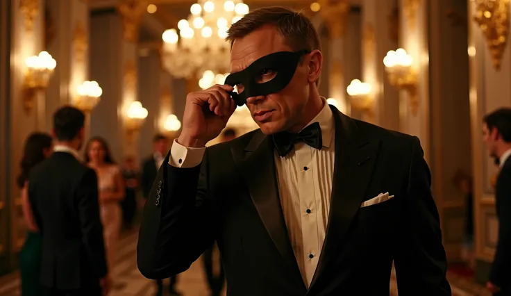 Outfit: A high quality hyper realistic lifelike cinematic Classic black three-piece tuxedo, silk pocket square, polished Italian leather dress shoes, a sleek black mask partially covering his face.
Scene: In an opulent Venetian palace, Bond moves effortles...