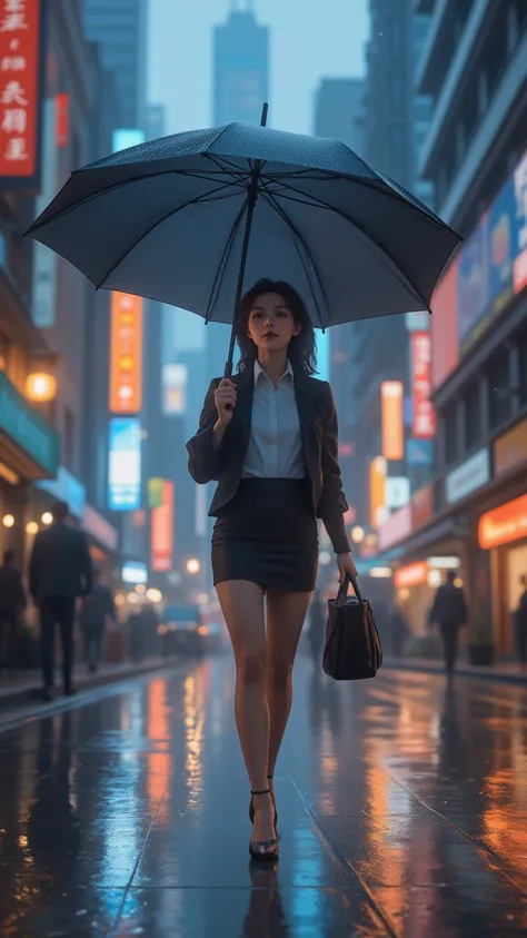  high quality， High detail，32K， girl，Office Workers，get off work， in the city，Umbrella