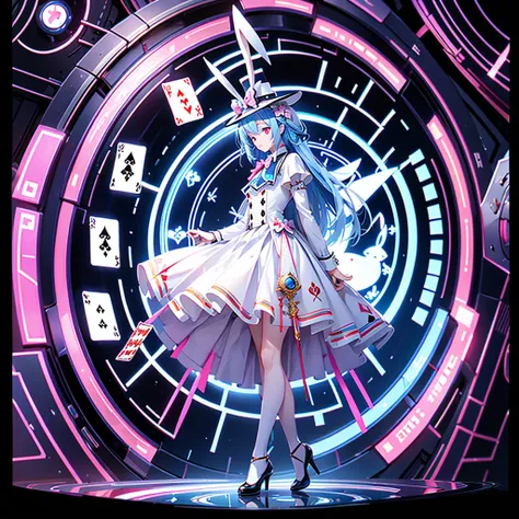 white rabbit, tuxedo and small silk hat, Alice in Wonderland, playing cards, crooked clock, neon colors, fantasy