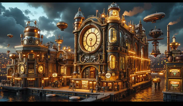 A sprawling steampunk cityscape at night, dominated by glowing gold and silver tones. Victorian-style buildings with intricate brass details are illuminated by glowing neon lights. Airships float in the sky above the city, while steam rises from copper pip...