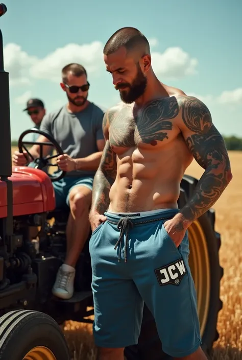 four masculine, muscular tattooed MUSTACHED men with shaved haircut driving a tractor in a sunny wheatfield wearing fitted indigo sweatpants that are slightly pulled down revealing white shorts with a "JCW" logo and boots. an extremely handsome, young, bea...