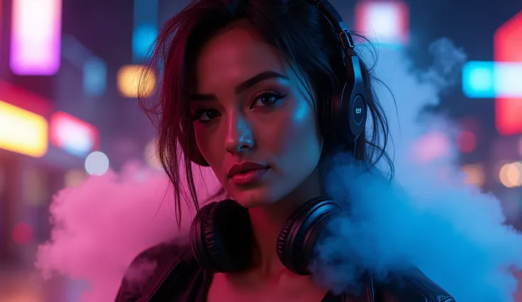 I smoke、whole body、 beautiful collarbone 、ヘッドフォンをしているBeauty、The best photos for TikTok、Beauty、 Dynamic Angle 、ヘッドフォンをしているBeauty、Night city background with neon lights