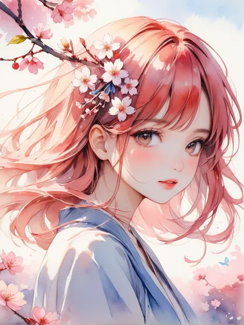  cherry blossom hair ornament　 Beautiful Women 　watercolor