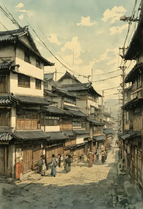 
teeth、 depicts a street scene with people walking down the street, 川瀬teethすい ,  pixiv contest winner, ukiyo-e,  Japanese Street , , Japanese Village,  Japanese cities , Japanese countryside, hiroya oku painterly, Japanese painting style,  detailed landsca...