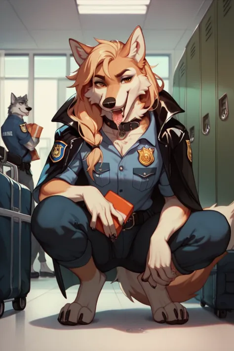 Score_9, score_8_up, score_7_up, score_6_up, Long haired wolf , wolf ears, anthropomorphic, furry, black police collar cloak, black leather collar, badge, saliva, smile, open mouth, tongue out, sniffing boxes and luggage, airport cargo room, crouching, 