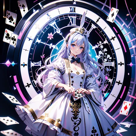 white rabbit, tuxedo and small silk hat, Alice in Wonderland, playing cards, crooked clock, neon colors, fantasy, masterpiece, best quality, insanely detailed, exquisite, high quality, beautiful, ultra detailed, detailed, hyper detailed