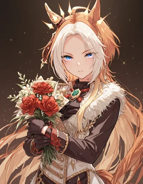 {{{  Masterpiece}}}, {{{    top quality }}}, {{    More details}}, {  illustration}, {{      very delicate and beautiful   }},     detailed skin,      fine eye   {{{Uma Musume}}},{{{orfevre:1.7}}},{{{Uma Musume}}} ,ens flare, stylish pose, holding a bouque...