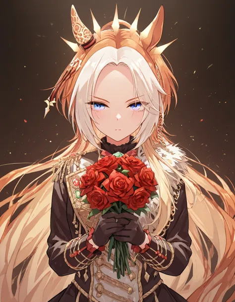 {{{  Masterpiece}}}, {{{    top quality }}}, {{    More details}}, {  illustration}, {{      very delicate and beautiful   }},     detailed skin,      fine eye   {{{Uma Musume}}},{{{orfevre:1.7}}},{{{Uma Musume}}} ,ens flare, stylish pose, holding a bouque...