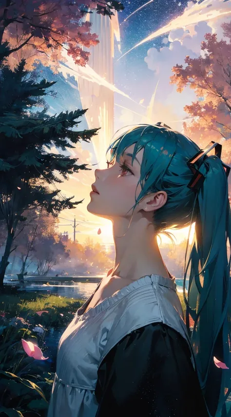 1girl, solo, alone, hatsune miku, aqua long hair, aqua twintails, pale skin,white dress, floating hair, upper body, water,flowers, leaves, petals,magical fantasy atmosphere, moonlight, starry sky, glowing, beautiful gradient background, dynamic pose, dynam...