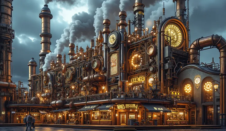 A massive steampunk factory with towering smokestacks emitting steam and smoke, illuminated by glowing gold and silver lights. Intricate brass gears and copper pipes cover the factory walls, while glowing neon signs add to the retro-futuristic atmosphere. ...