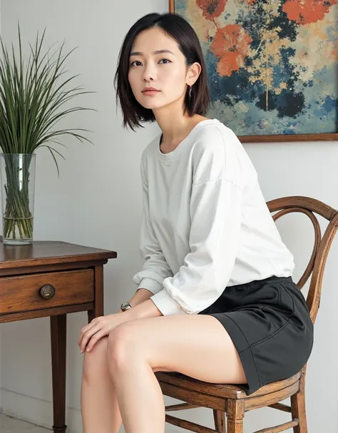 (Illustration),An attractive model with (gray ombré hair: 3.6) is sitting confidently on an antique stool, wearing a man's oversized satin white shirt and a black mini skirt. The woman is sitting facing forward (crossed legs: 1.6). The woman is very thin a...