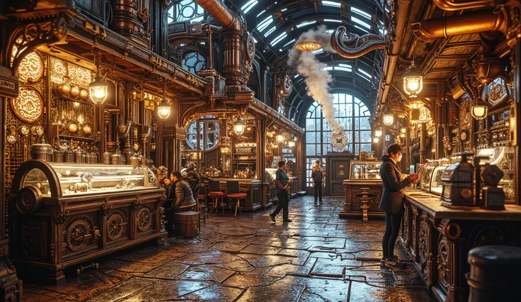 A lively steampunk marketplace filled with Victorian-style stalls and vendors selling futuristic gadgets. The scene is dominated by glowing gold and silver tones, with swirling steam effects rising from the ground. Intricate brass gears and copper pipes de...