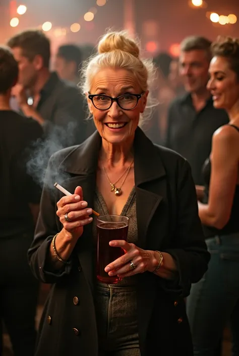 Cute smiling german  88 years old dancig sexy thin granny bun hair, glasses, perfect strong make up,  hold hot very smoking cigarette in hands, a lot of smoke in the air, with small extra shaggy tits fully covered by clolthes, perfect legs, high heels, com...