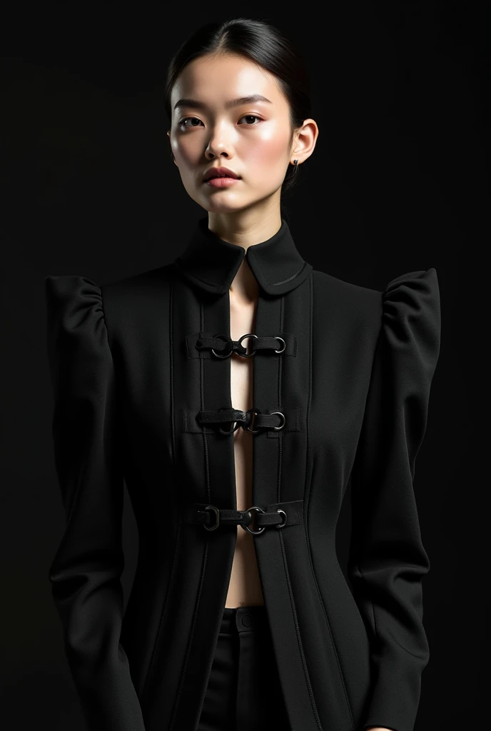 generate a high fashion photo with High technik, futuristischen aspekts, kultur, with moss, flowers, in combination with an black backroundgenerate she should wear a black short jecked, that is open in the middle, Jacket Design Specification: Material: Hig...