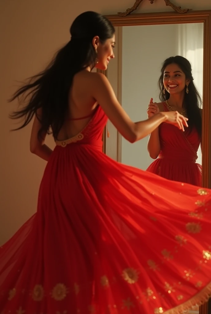 Rohini is twirling in front of a mirror, adjusting her moves. The red saree flows around her gracefully, reflecting her excitement for the festival.
