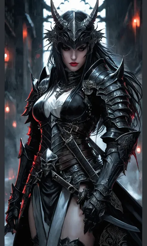 a beautiful woman in armor with a sword and a demon face, gothic armor, female vampire warrior, female assassin, gothic knight, dark armor, gothic - cyberpunk, black armor, beautiful female assassin, armor girl, dark warrior, of a beautiful female knight, ...