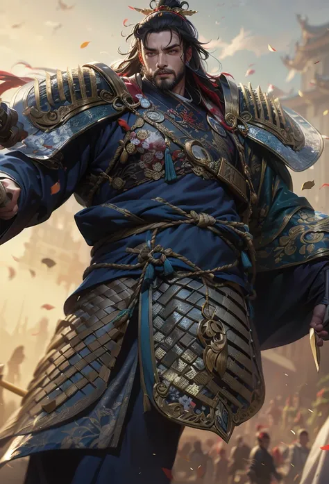 A man in armor、 close-up of a man holding a sword,Three Kingdoms Generals，Martial arts style，Ancient armor, bian lian,  inspired by Cao Zhi Bai , Inspired by Jung Jung Kyu , Wu Zuoren