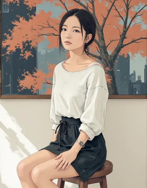 (Illustration),An attractive model with (gray ombré hair: 3.6) is sitting confidently on an antique stool, wearing a man's oversized satin white shirt and a black mini skirt. The woman is sitting facing forward (crossed legs: 1.6). The woman is very thin a...