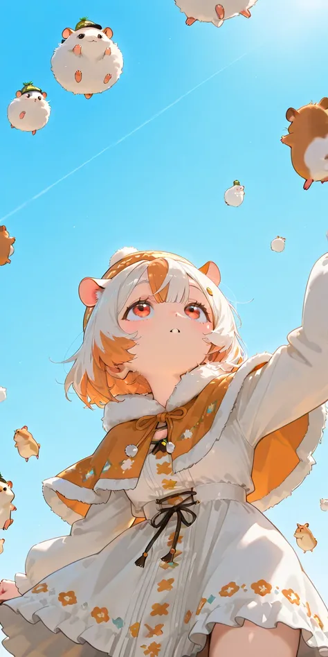 solo,1girl\(looking up at the sky,Hamuko-chan, cream-color hair,bangs,nit dress\(,Scandinavian pattern\),nit capelet\(nit,Scandinavian pattern\),nit hat\(nit,Scandinavian pattern\),hamster ears\). BREAK .background\((many hamster\(small, cubby, fluffy\) fa...