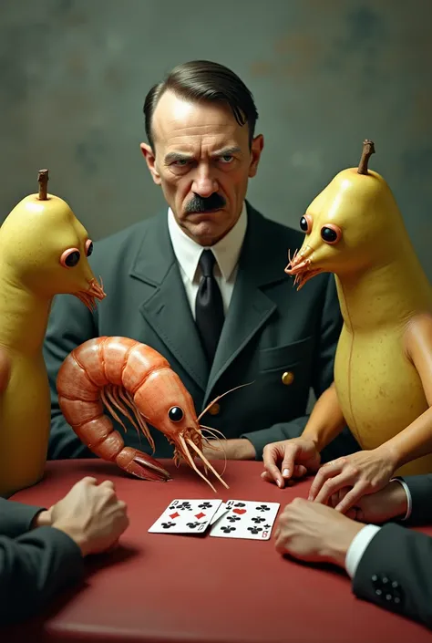 Hitler playing poker with a shrimp and two pears