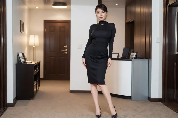 A full-body portrait of a tall beautiful woman standing in front of a office entrance, contented smile, 35 years old, looking at viewer, very detailed face, detailed lips, detailed eyes, Double eyelids, black bob hair, glamorous body, big breasts, meticulo...