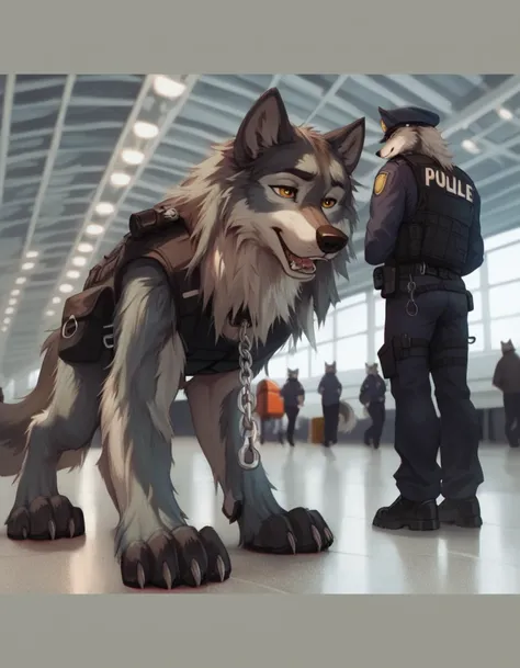 score_9, score_8_up, score_7_up, score_6_up,  very extra long haired, anthropomorphic, adult, furry, wolf, wearing a heavy police vest, quadruped, standing on it's toes, all fours, panting, transit station,, black tactical uniform, chain collar, adult furr...