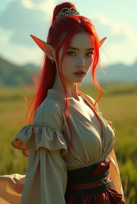 Upper body shot, Japanese woman, pointed elf ears, white skin, blood red hair, closed mouth, antique travel outfit, dynamic pose, complex fantasy character, NSFW, cinematic lighting, fantasy, magic, detailed background, in a sunny green plain, best quality...