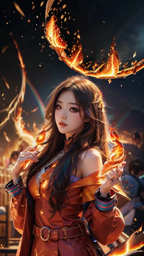 8K, ultra detailed, masterpiece, 1 fire girl, good face, detailed eyes, very long hair, hire hair, (fire outfit:1.8), (Rainbow outfit:1.5), (spreading fire:1.5), (flame aura:1.4), flame in hands, perfect body,